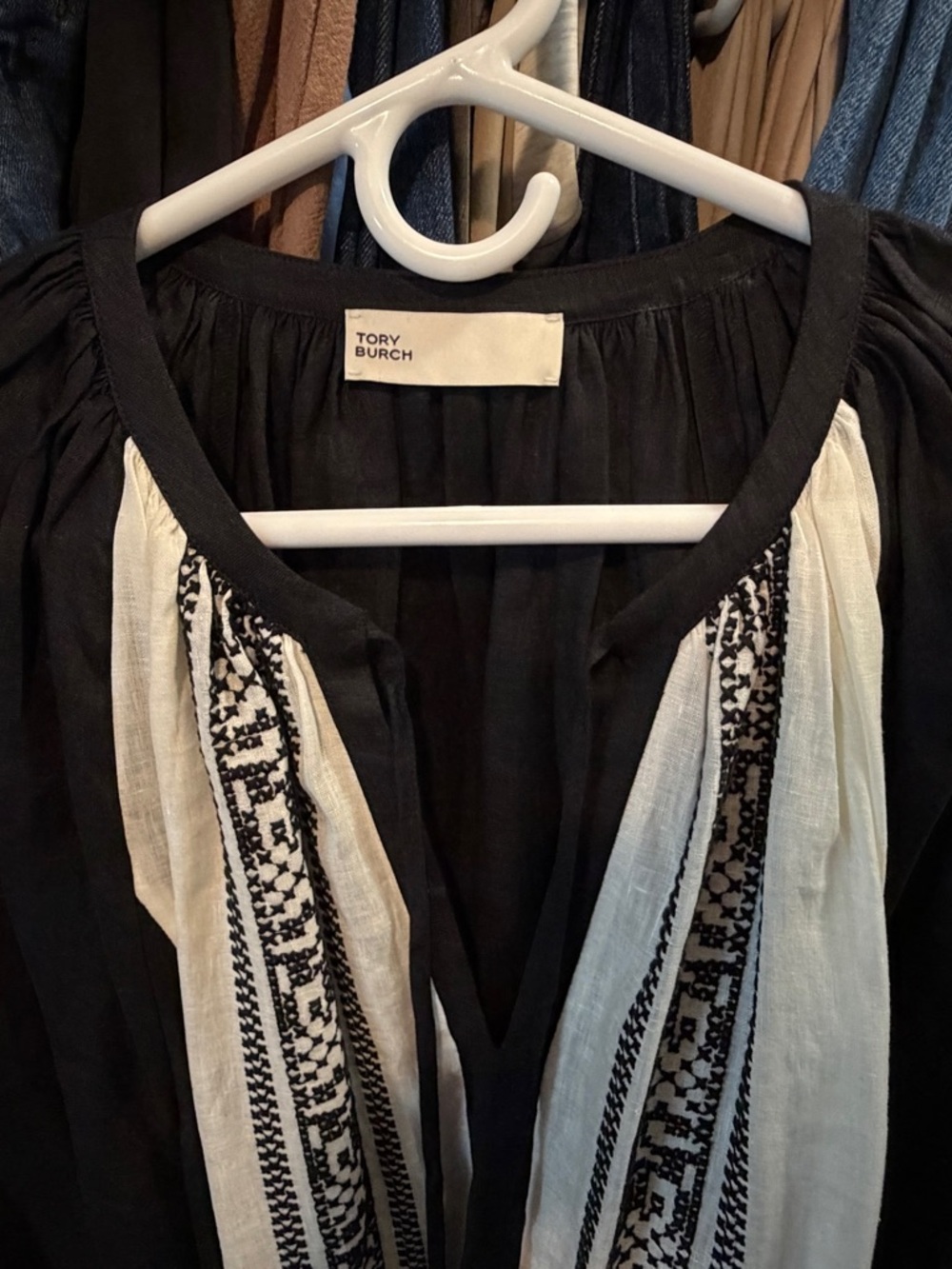 Tory Burch Black Caftan w/White Embroidered Panels and Tie - Medium! Like New.